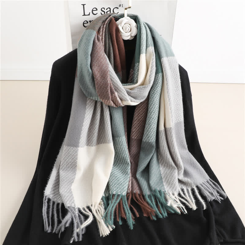 Sciarpa invernale calda a righe con frange unisex - Marrone e verde - image 8