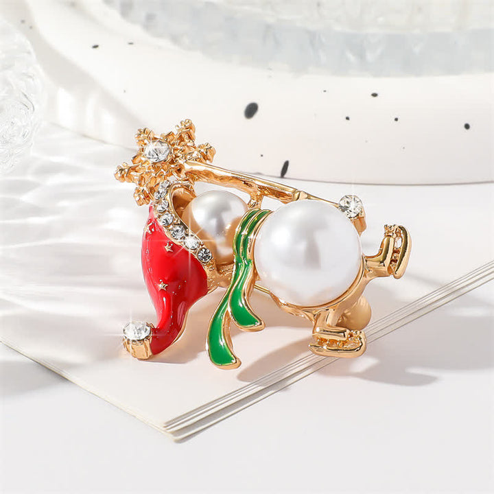 Spilla natalizia da donna con cappello di Babbo Natale rosso e pupazzo di neve