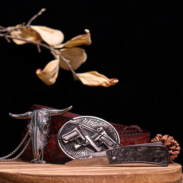 Gadget Western fai da te, fibbia per coltello nascosto, ciondolo a forma di toro Longhorn - Pistole doppie - Cintura marrone intagliata - 40 - image 49