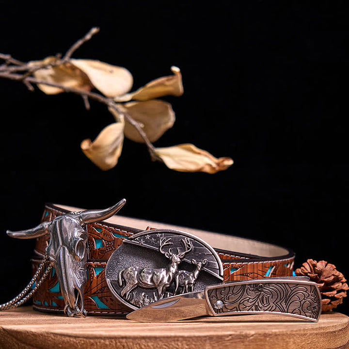 Gadget Western fai da te, fibbia per coltello nascosto, ciondolo a forma di toro Longhorn - Cervi doppi - Cintura intagliata turchese - 40 - image 10