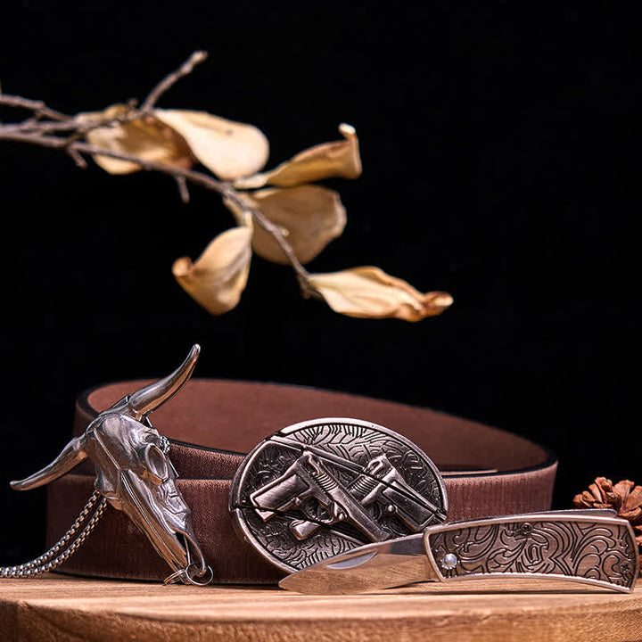 Gadget Western fai da te, fibbia per coltello nascosto, ciondolo a forma di toro Longhorn - Pistole doppie - Cintura marrone anticata - 40 - image 48