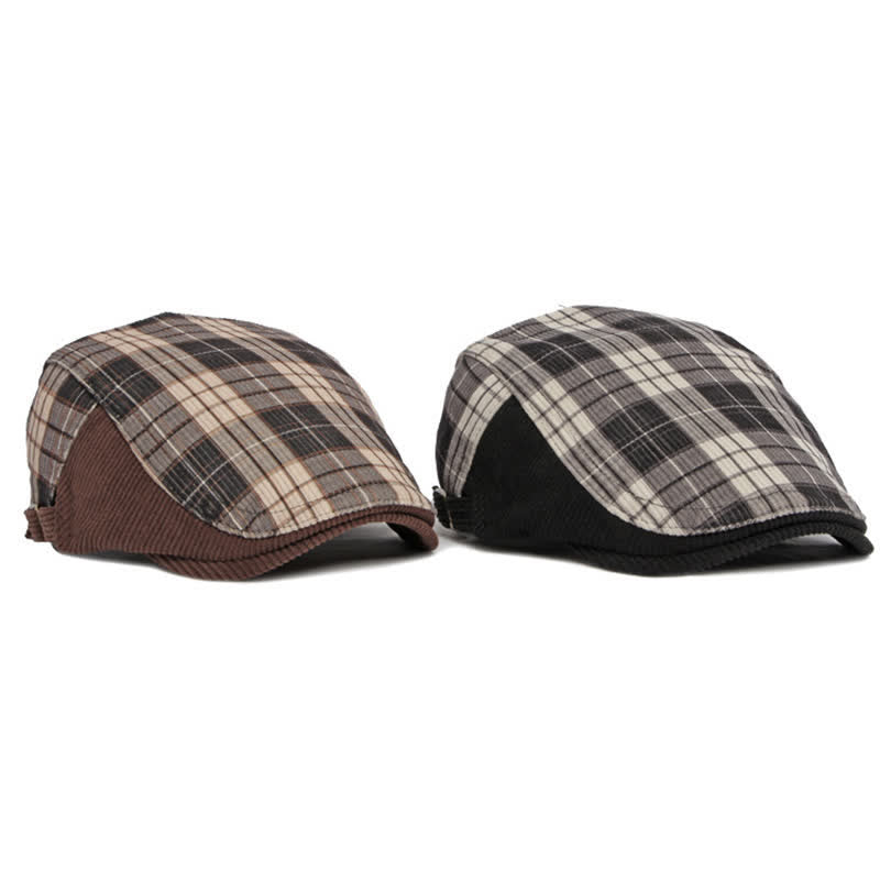 Cappello basco con visiera a becco d'anatra in velluto a coste scozzese
