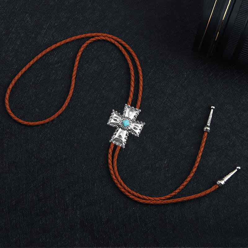 Cravatta Bolo in pietra artificiale blu con croce