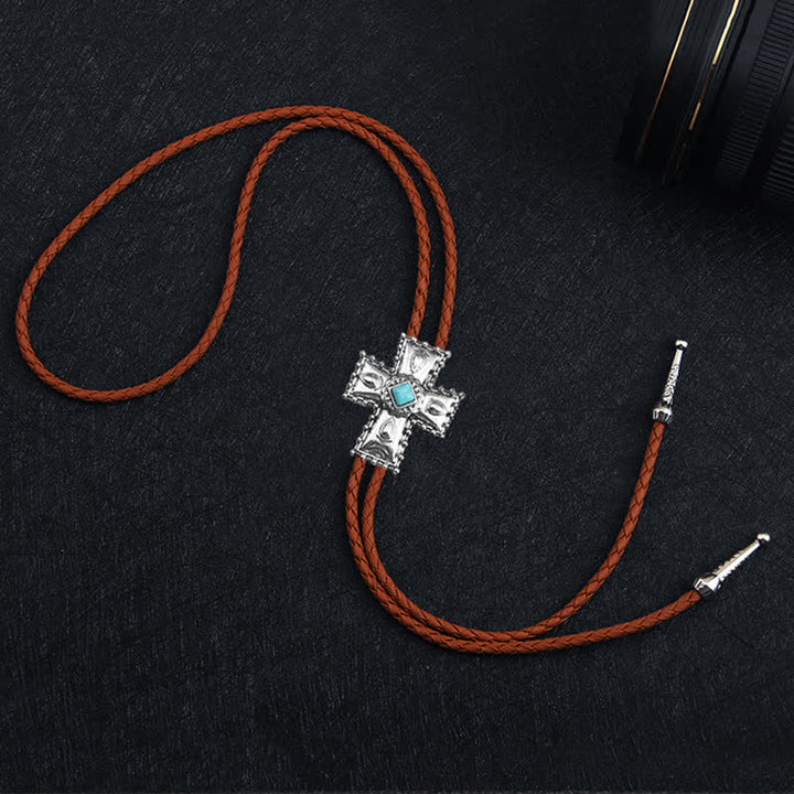 Cravatta Bolo in pietra artificiale blu con croce