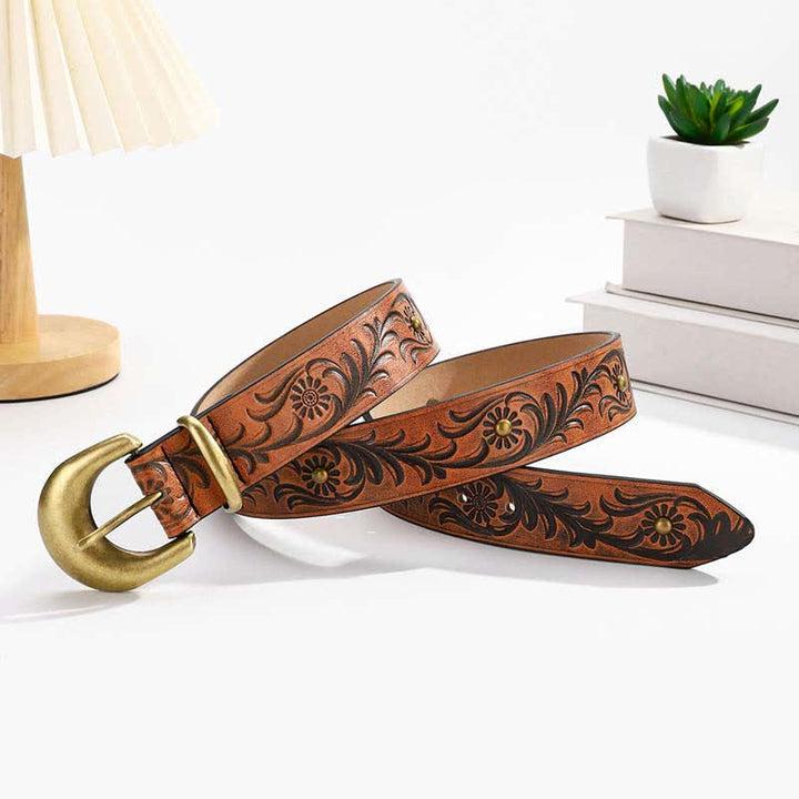 Cintura in pelle con rivetti in bronzo floreale con margherita marrone