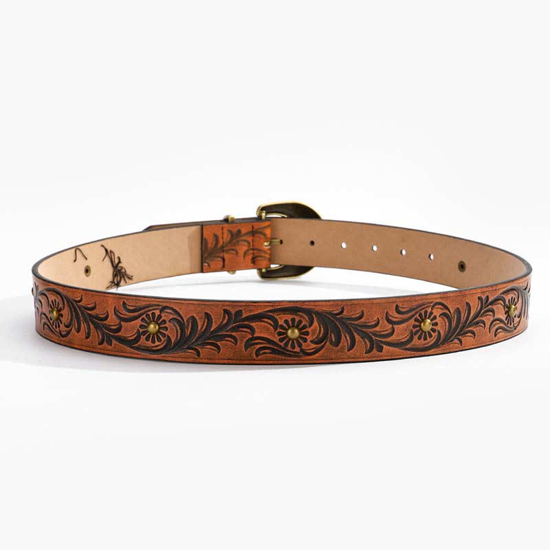 Cintura in pelle con rivetti in bronzo floreale con margherita marrone