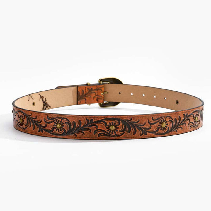 Cintura in pelle con rivetti in bronzo floreale con margherita marrone