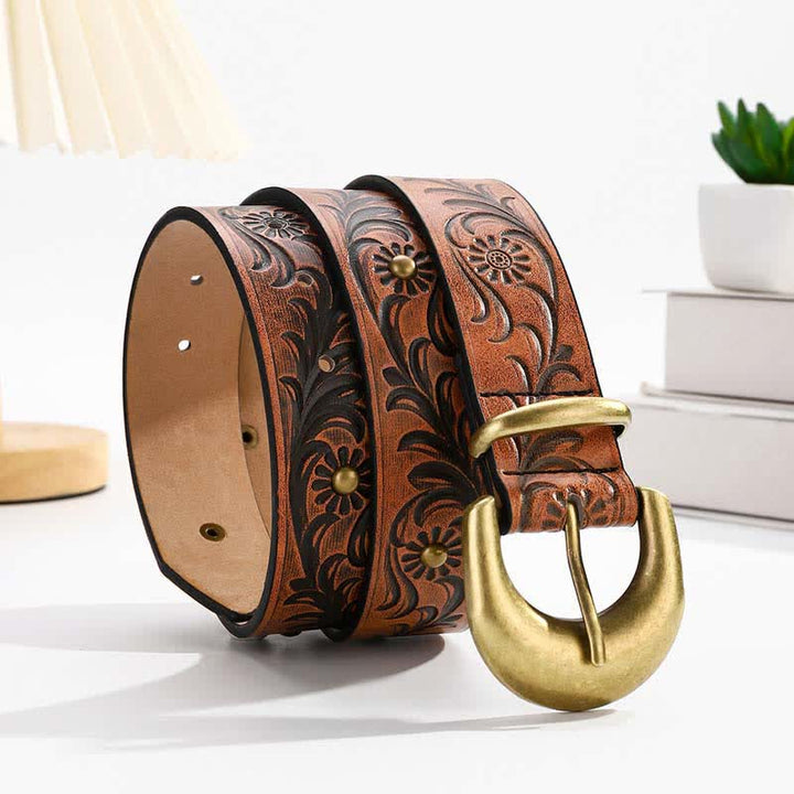 Cintura in pelle con rivetti in bronzo floreale con margherita marrone