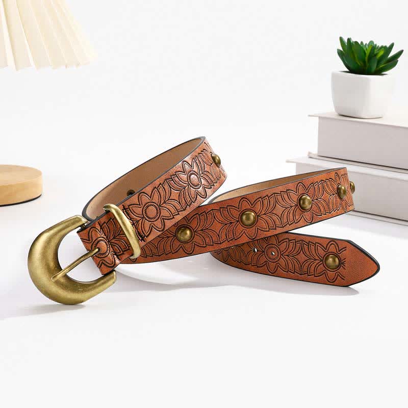 Cintura elegante in pelle con rivetti in bronzo stampati a fiori