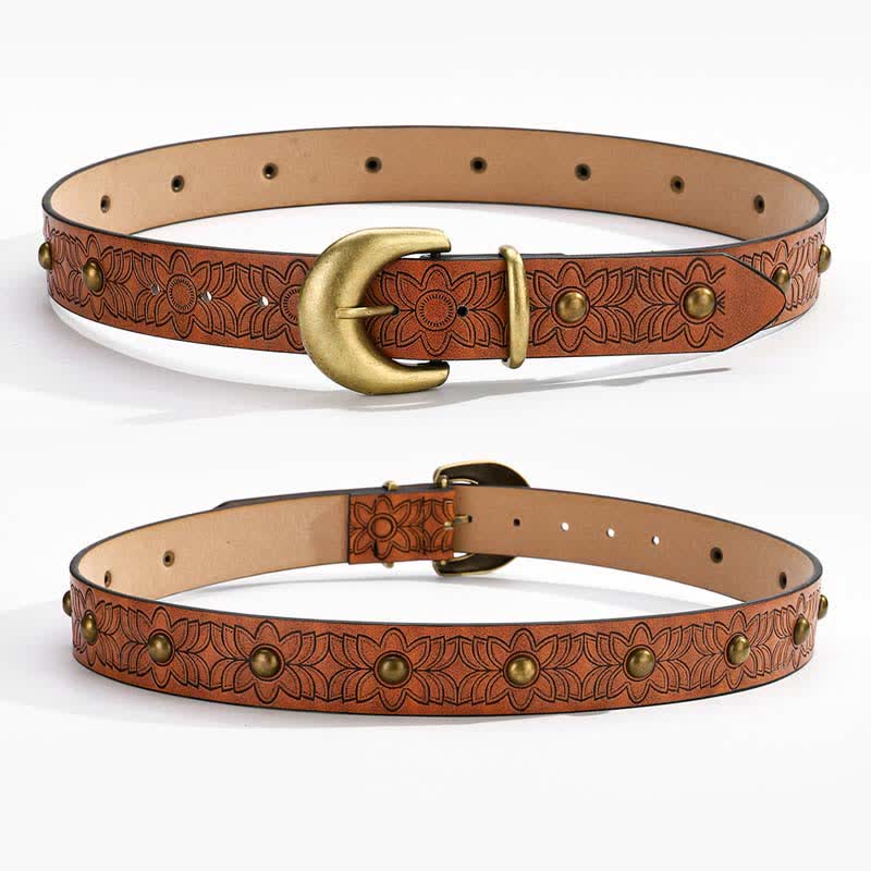 Cintura elegante in pelle con rivetti in bronzo stampati a fiori