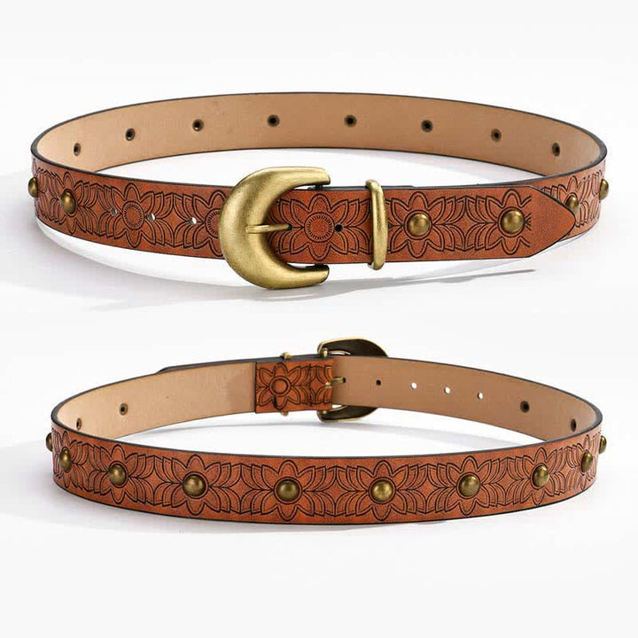 Cintura elegante in pelle con rivetti in bronzo stampati a fiori