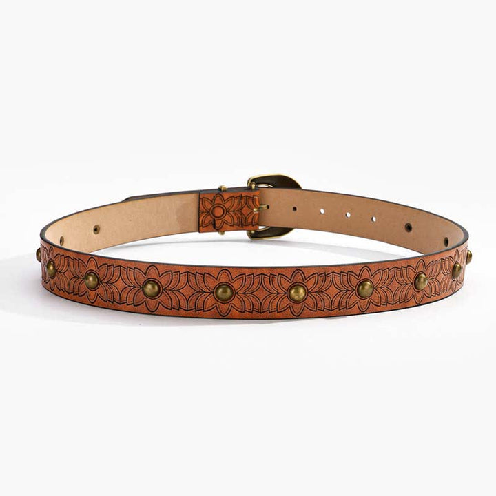 Cintura elegante in pelle con rivetti in bronzo stampati a fiori - image 4