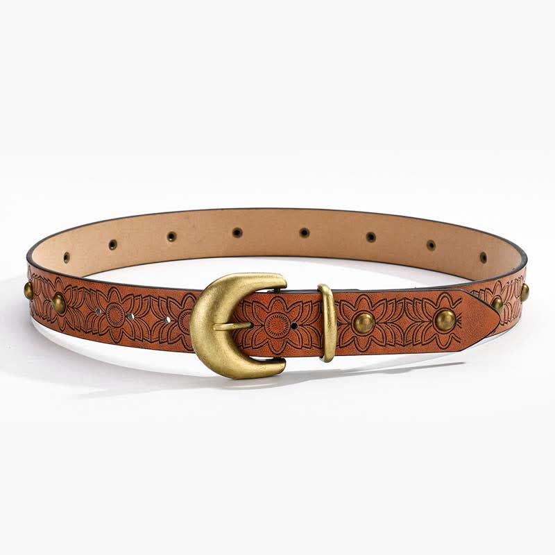 Cintura elegante in pelle con rivetti in bronzo stampati a fiori