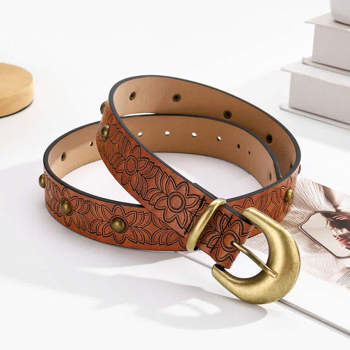 Cintura elegante in pelle con rivetti in bronzo stampati a fiori