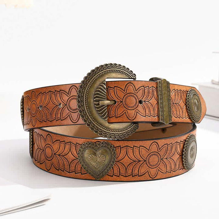 Cintura in pelle con stampa floreale intarsiata con rivetti rotondi e a cuore - Marrone - 38 - image 0
