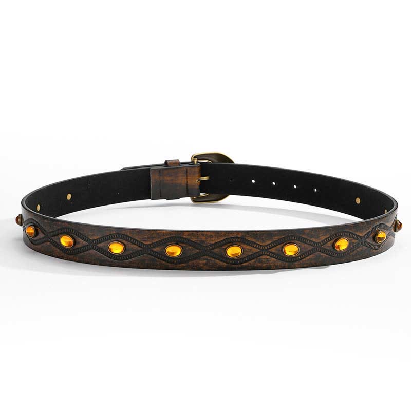 Cintura in pelle con borchie in pietra preziosa brillante colore caffè scuro