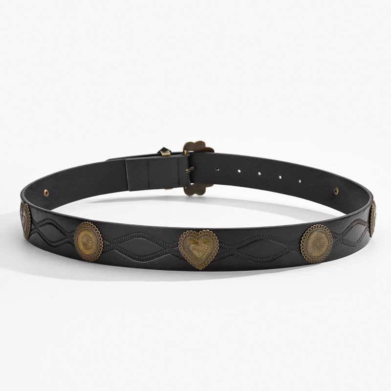 Cintura in pelle nera con cuore in bronzo antico e rivetti rotondi