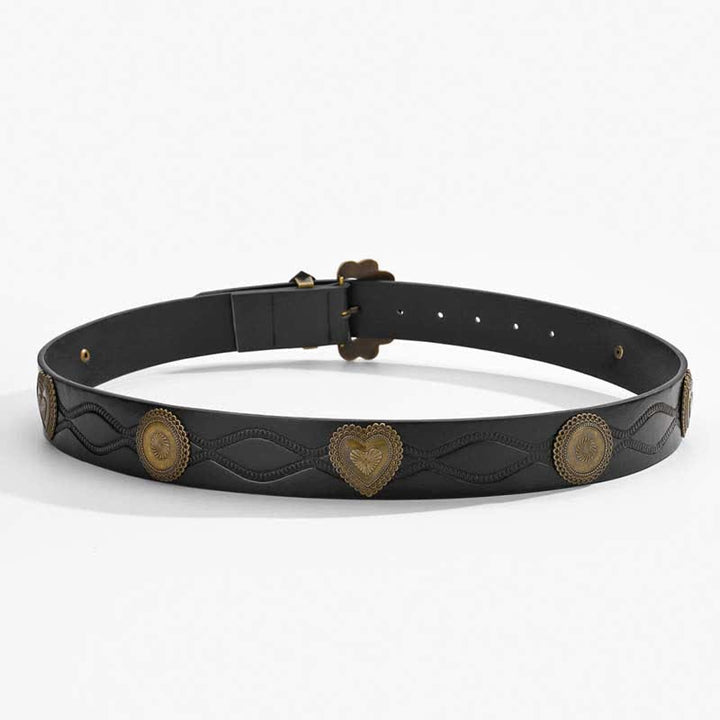 Cintura in pelle nera con cuore in bronzo antico e rivetti rotondi