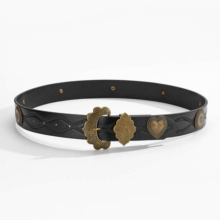 Cintura in pelle nera con cuore in bronzo antico e rivetti rotondi