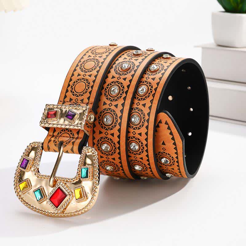 Cintura in pelle vintage con diamanti artificiali intarsiati in metallo esotico