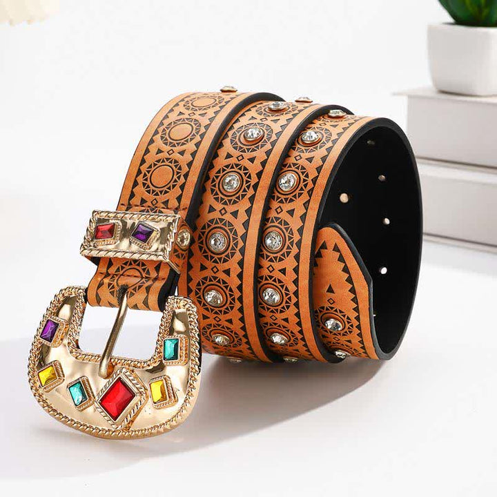 Cintura in pelle vintage con diamanti artificiali intarsiati in metallo esotico
