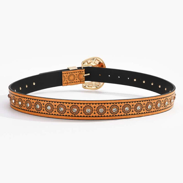 Cintura in pelle vintage con diamanti artificiali intarsiati in metallo esotico
