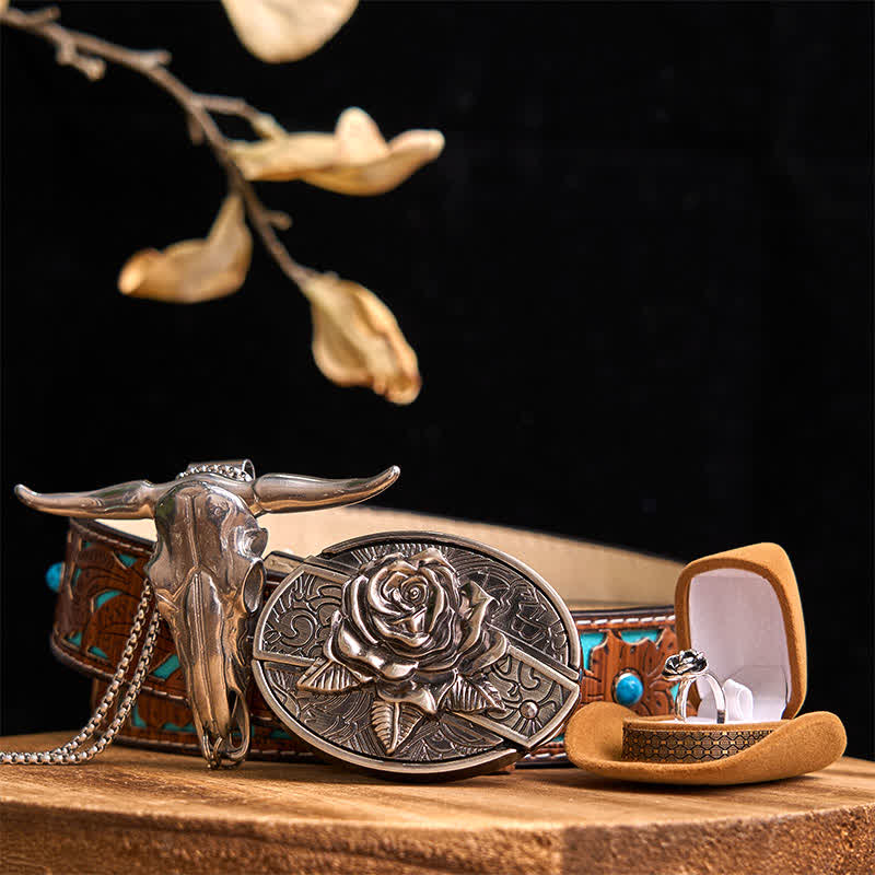 Set di ciondoli a forma di toro con fibbia per cintura con coltello nascosto fai da te a tema rosa - Rosa - Cintura intagliata turchese - 42 - image 5