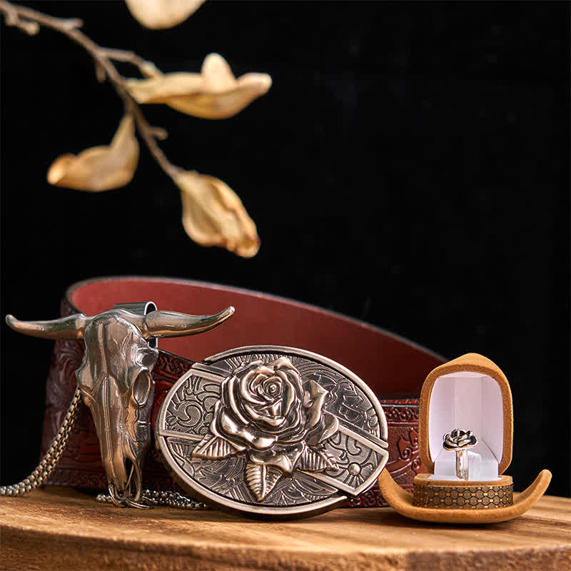 Set di ciondoli a forma di toro con fibbia per cintura con coltello nascosto fai da te a tema rosa - Rosa - Cintura marrone intagliata - 42 - image 8