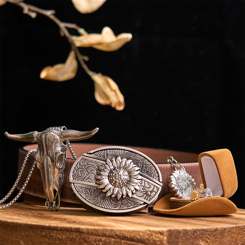 Set di ciondoli a forma di toro con fibbia per cintura con coltello nascosto fai da te a tema girasole - Girasole - Cintura marrone anticata - 42 - image 8