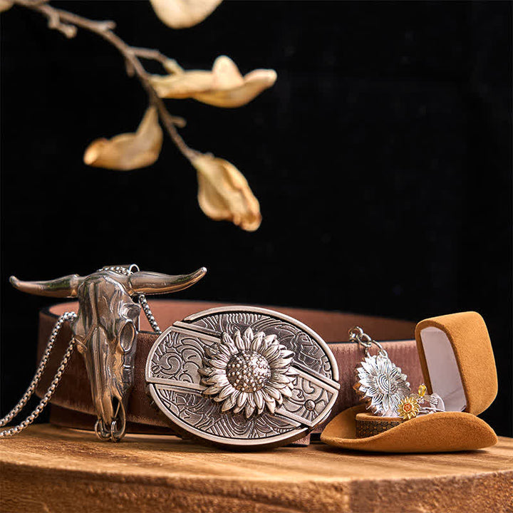 Set di ciondoli a forma di toro con fibbia per cintura con coltello nascosto fai da te a tema girasole - Girasole - Cintura marrone anticata - 42 - image 8