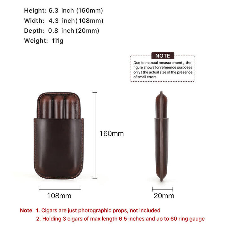 Custodia per sigari in pelle marrone portatile Humidor per sigari (per tre sigari)