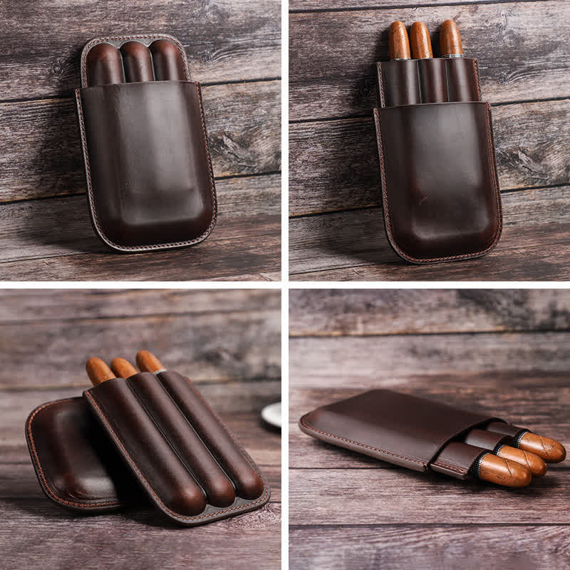 Custodia per sigari in pelle marrone portatile Humidor per sigari (per tre sigari)
