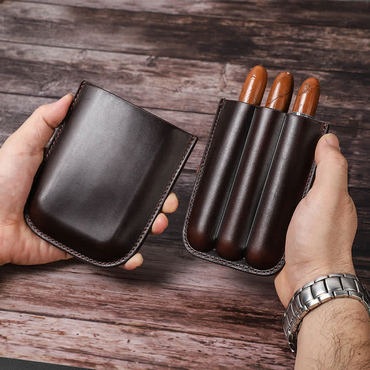 Custodia per sigari in pelle marrone portatile Humidor per sigari (per tre sigari)