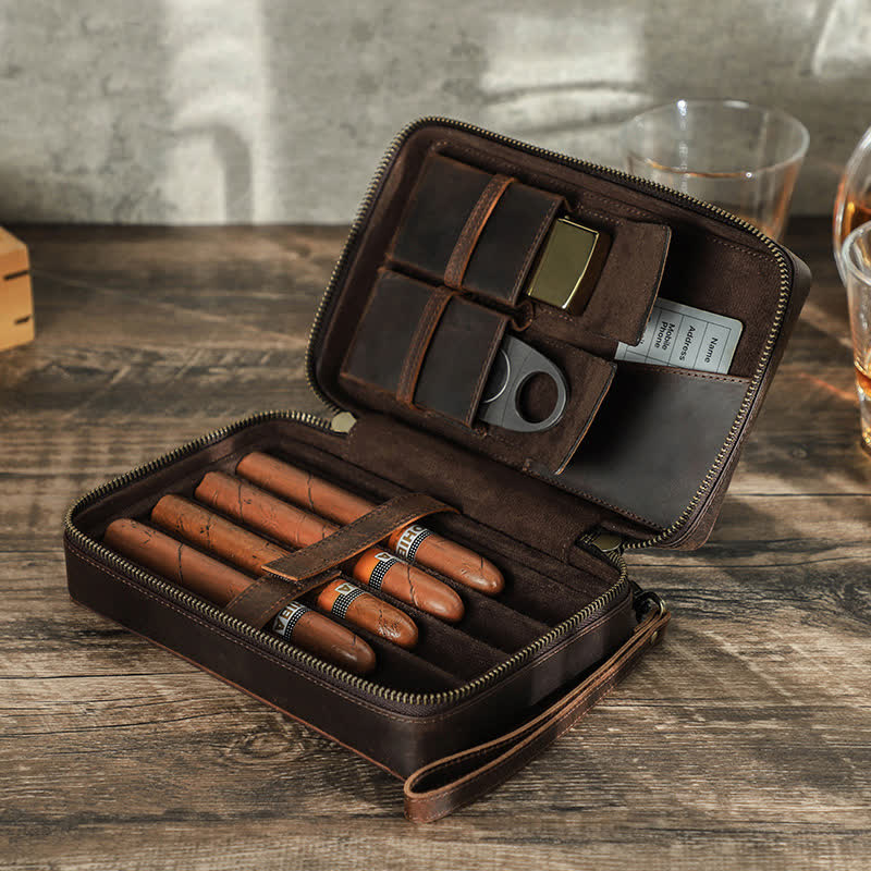 Portasigari in pelle di mucca con cerniera Crazy Horse (per quattro sigari) - image 0