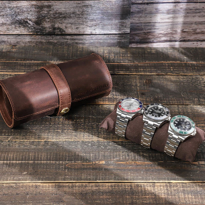 Custodia per orologio da viaggio in pelle con tre rotoli di orologi con incisione personalizzata