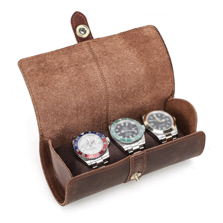 Custodia per orologio da viaggio in pelle con tre rotoli di orologi con incisione personalizzata