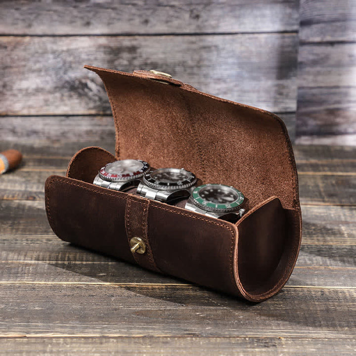 Custodia per orologio da viaggio in pelle con tre rotoli di orologi con incisione personalizzata