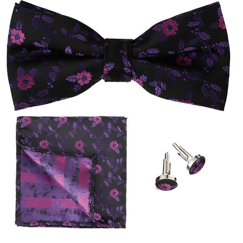 Set di 3 cravatte a farfalla con fazzoletto da taschino e fiori colorati da uomo