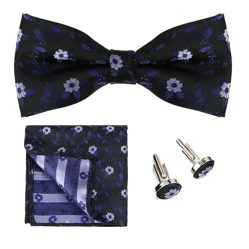 Set di 3 cravatte a farfalla con fazzoletto da taschino e fiori colorati da uomo - Blu notte - image 0