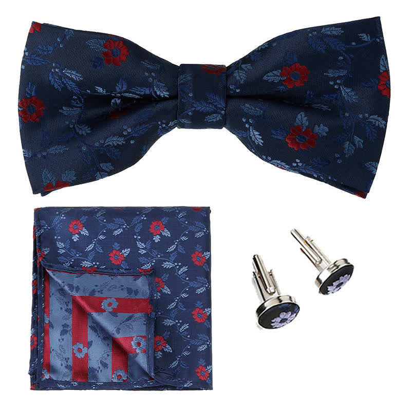 Set di 3 cravatte a farfalla con fazzoletto da taschino e fiori colorati da uomo