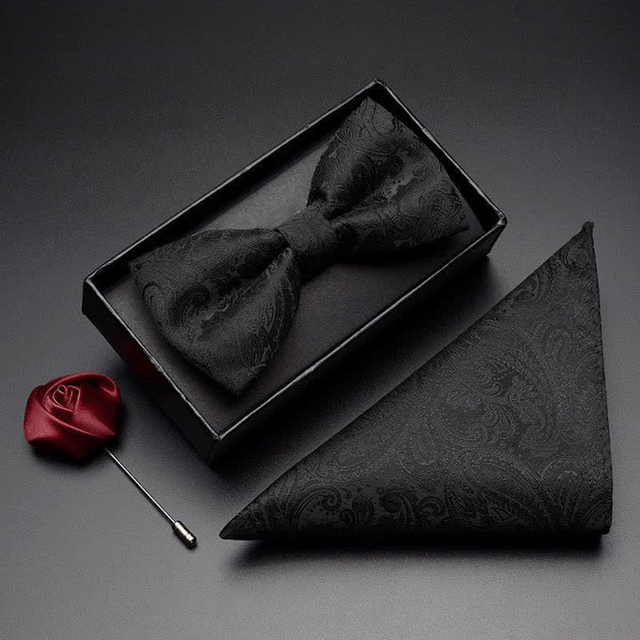 Set di 3 papillon da uomo con motivo Paisley nero e tasca