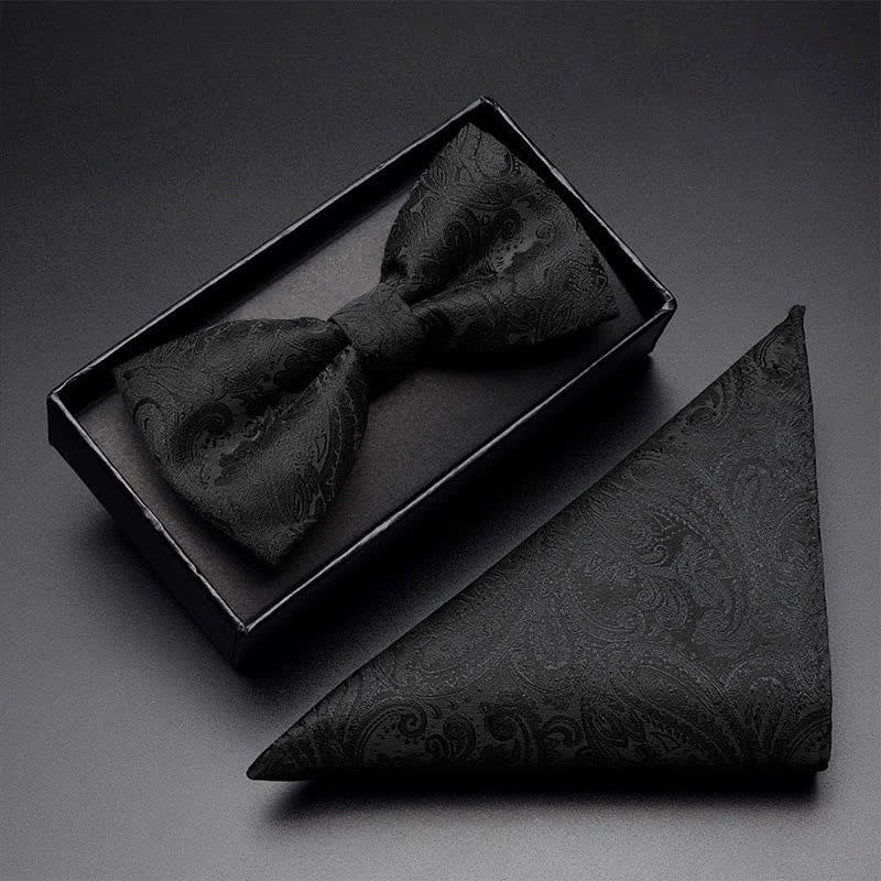 Set di 3 papillon da uomo con motivo Paisley nero e tasca