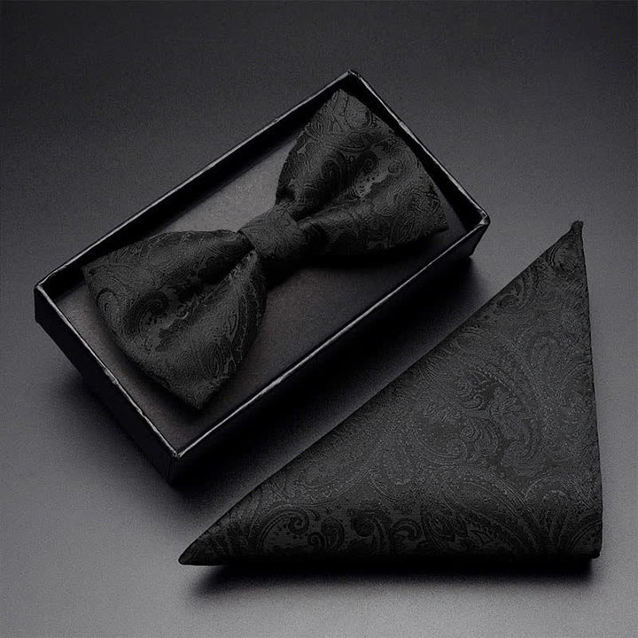 Set di 3 papillon da uomo con motivo Paisley nero e tasca