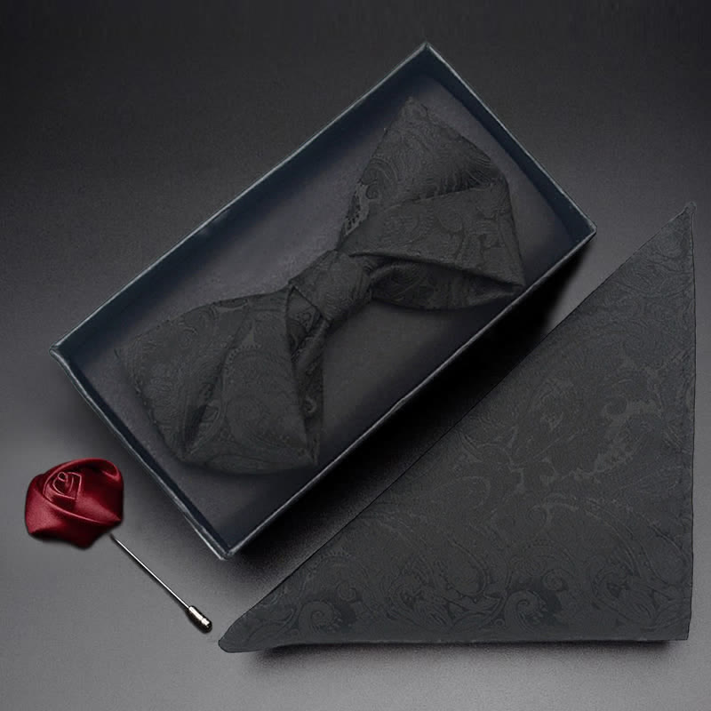Set di 3 papillon da uomo con motivo Paisley nero e tasca