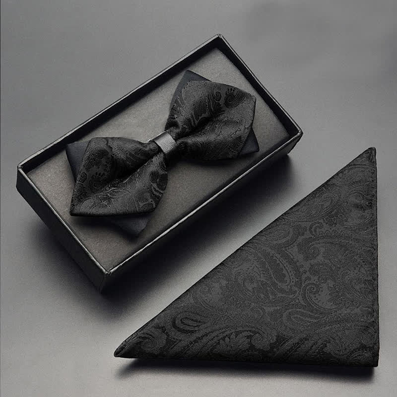 Set di 3 papillon da uomo con motivo Paisley nero e tasca