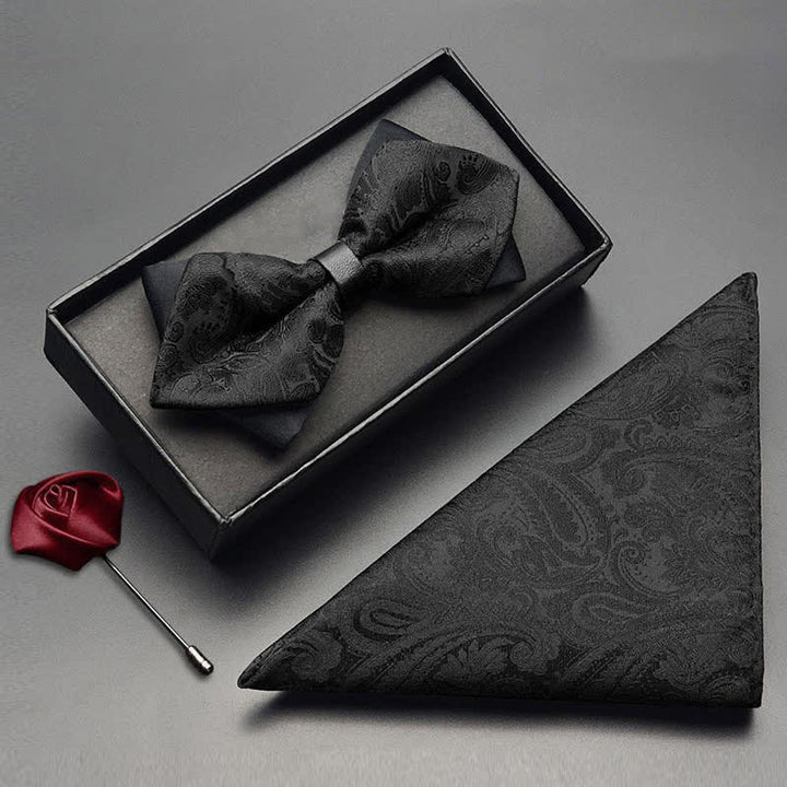 Set di 3 papillon da uomo con motivo Paisley nero e tasca