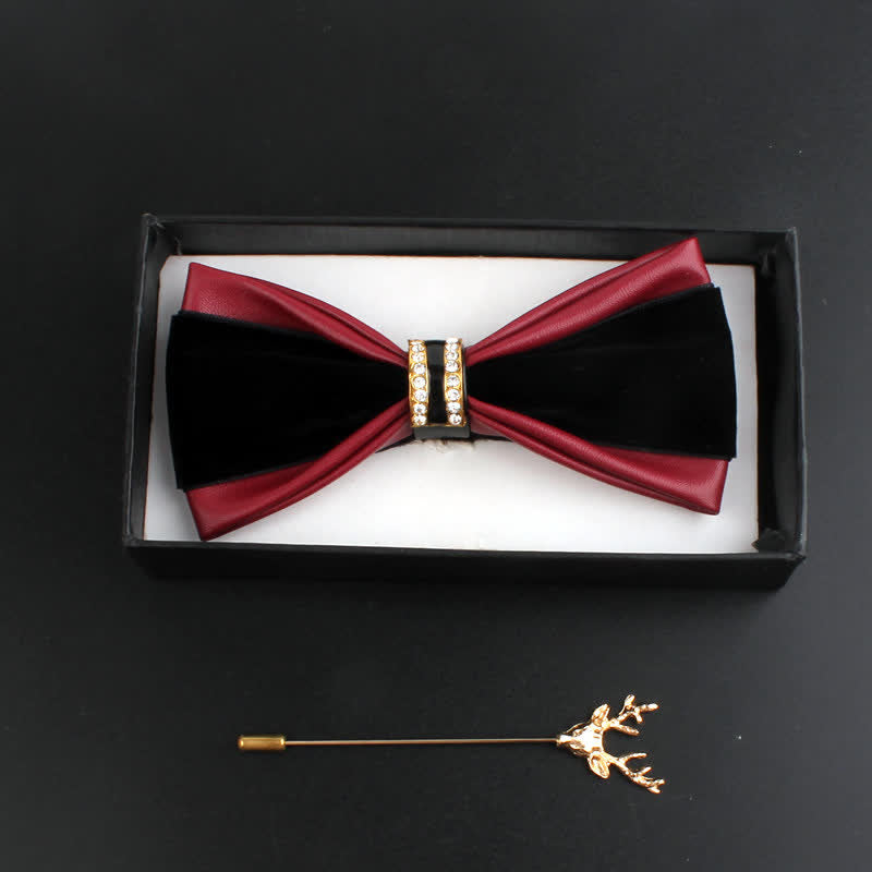 Set di 2 papillon con spilla di cervo in pelle PU con decorazione in cristallo da uomo