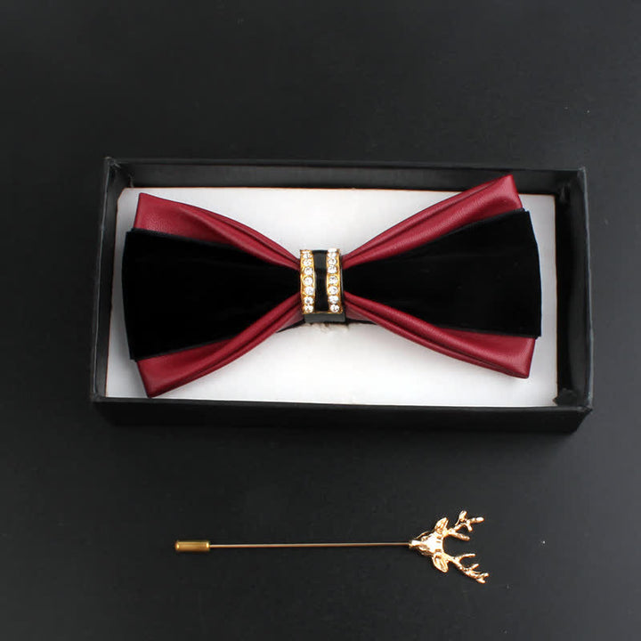 Set di 2 papillon con spilla di cervo in pelle PU con decorazione in cristallo da uomo