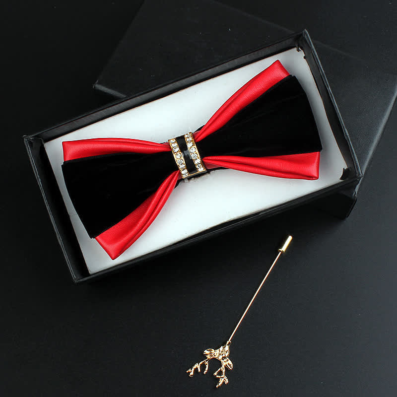 Set di 2 papillon con spilla di cervo in pelle PU con decorazione in cristallo da uomo