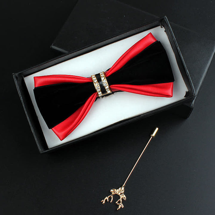 Set di 2 papillon con spilla di cervo in pelle PU con decorazione in cristallo da uomo